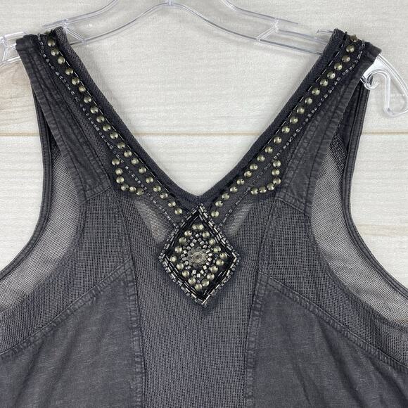 Free People Women Tank Top XS Black Studded Mesh V Neck Grunge Distressed Stretc - Picture 9 of 10